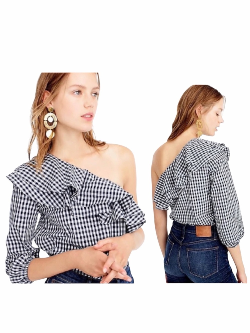 NWT! J. Crew Gingham Print Ruffled One Shoulder 100% Cotton Blouse. Size 8 Tall.